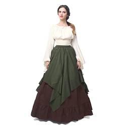 Fiamll Renaissance Kleid Damen Mittelalter Kleid Mittelalter Kostüm Damen Trompete Ärmel Viktorianische Kleider Grün+ Braun L(Hemd und Rock) von Fiamll