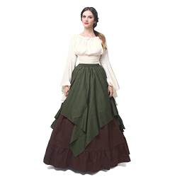 Fiamll Renaissance Kleid Damen Mittelalter Kleid Mittelalter Kostüm Damen Trompete Ärmel Viktorianische Kleider Grün+ Braun M(Hemd und Rock) von Fiamll