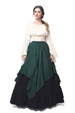 Fiamll Renaissance Kleid Damen Mittelalter Kleid Mittelalter Kostüm Damen Trompete Ärmel Viktorianische Kleider Grün+ Schwarz L(Hemd und Rock) von Fiamll