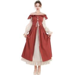Fiamll Renaissance Kleid Damen Mittelalter Renaissance Faire Kleid Langarm Irisches Kleid Retro Viktorianische Kostüm Rot XL von Fiamll