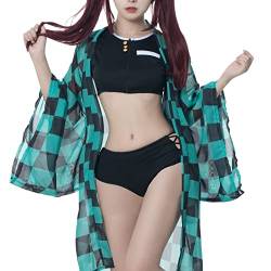 Fiamll Tanjiro Kamado Cosplay Bikini Set für Dämonen Jäger Damen Anime Kimono Strickjacke Strand Sommer Badeanzug L von Fiamll