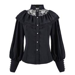 Fiamll Viktorianische Bluse für Damen Gothic-Shirt Vintage Langarm Top mit Lotus Rüschen Schwarz L von Fiamll