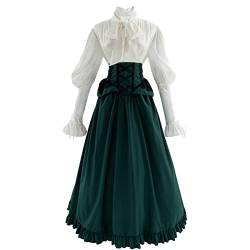 Fiamll Viktorianische Kleider Damen Kostüm Kleid Viktorianisch Bluse mit Gebunden Taille Maxirock 2-teiliges Kostüm Set Grün S/M von Fiamll