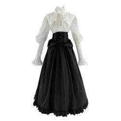 Fiamll Viktorianische Kleider Damen Kostüm Kleid Viktorianisch Bluse mit Gebunden Taille Maxirock 2-teiliges Kostüm Set Schwarz L/XL von Fiamll