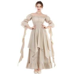 Fiamll Viktorianisches Kleid Renaissance Kostüm Damen Gothic Hexenkleid mittelalterliches Maxikleid Ladies Hochzeitskleid (Beige S/M) von Fiamll