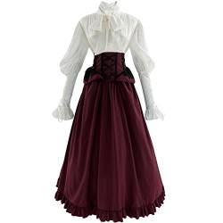 Fiamll Viktorianisches Kleid Renaissance Kostüm Damen Vintage Ballkleid Damen Victorian Bluse mit Renaissance Maxirock Rot S von Fiamll