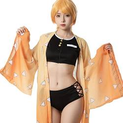 Fiamll Zenitsu Agatsuma Cosplay Bikini Set für Dämonen Jäger Damen Anime Kimono Strickjacke Strand Sommer Badeanzug M von Fiamll