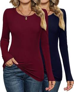 Ficerd 2 Pack Damen Langarmshirts Gerippte Slim Fitted Tops Stretch Rundhals Unterhemd Casual Basic Tee Bluse, Marineblau, Weinrot, Mittel von Ficerd