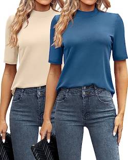 Ficerd 2er-Pack Damen-Tops, Business-Casual-Oberteile, Stehkragen, halbe kurze Ärmel, Rollkragen-Tops, Viertelärmel, elegante Blusen, Blau/Aprikose, Klein von Ficerd