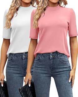 Ficerd 2er-Pack Damen-Tops, Business-Casual-Oberteile, Stehkragen, halbe kurze Ärmel, Rollkragen-Tops, Viertelärmel, elegante Blusen, Weiß/Pink, Klein von Ficerd