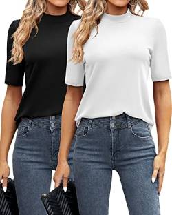 Ficerd 2er-Pack Damen-Tops, elegant, lässig, Stehkragen, halbe kurze Ärmel, Rollkragen, Stretch-Passform, Bluse für Frauen, Schwarz/Weiß, XX-Large von Ficerd