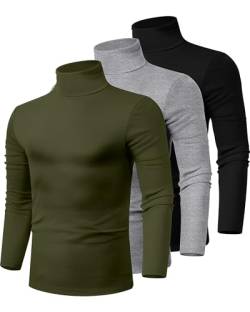 Ficerd 3 Pack Herren Rollkragen-Shirts, Mock Rollkragenpullover Langarm Strick Slim Fit T-Shirts Basic Unterwäsche Tops, Schwarz, Hellgrau, Armeegrün, XX-Large von Ficerd