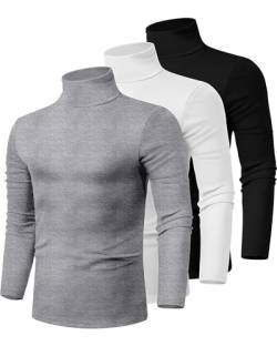 Ficerd 3 Pack Herren Rollkragen-Shirts, Mock Rollkragenpullover Langarm Strick Slim Fit T-Shirts Basic Unterwäsche Tops, Schwarz, Weiß, Grau, Klein von Ficerd