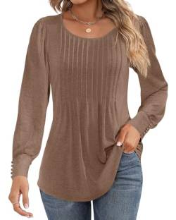 Ficerd Damen Puff Kurzarm Tunika Tops Plissee Rundhals Blusen Dressy Casual Lose Frühling und Sommer T-Shirts, Langärmeliges Kaffeebraun, Large von Ficerd