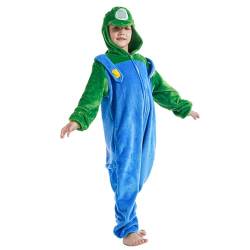 Ficlwigkis Mario Luigi Kostüm Onesie Jumpsuit Kostüm Pyjama Fasching Kostüm für Damen Herren Erwachsene Karneval Halloween Mario Kostüm (Grün/Kinder, 130) von Ficlwigkis