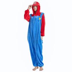 Ficlwigkis Mario Luigi Kostüm Onesie Jumpsuit Kostüm Pyjama Fasching Kostüm für Damen Herren Erwachsene Karneval Halloween Mario Kostüm (Rot/Erwachsene, M) von Ficlwigkis