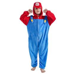 Ficlwigkis Mario Luigi Kostüm Onesie Jumpsuit Kostüm Pyjama Fasching Kostüm für Damen Herren Erwachsene Karneval Halloween Mario Kostüm (Rot/Kinder, 110) von Ficlwigkis