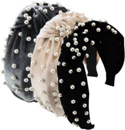 3 Stück breites Top Knoten Perlen Stirnband mit elastischem Reifen, Turban Haarband Samt Haarreifen geeignet für Frauen und Mädchen (Schwarz/Beige/Grau) von FimGlk