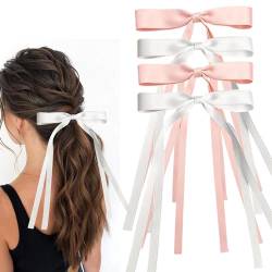 Satin-Haarschleifen-Clips mit langem Schwanz, Schleife, Quaste, Braut-Haarschmuck, Geschenk für Frauen und Mädchen, 4 Stück von FimGlk