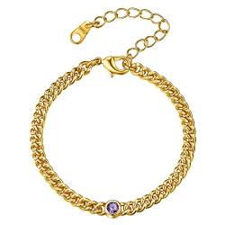 FindChic Damen Armband Mondstein Figaro Bracelets Women aus Kupfer Gold Kettenarmband Februar Amethyst Stein von FindChic