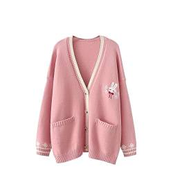 FindThy Damen süße Kaninchen bestickte Strickjacke Langarm Taschen Kawaii Cardigans Pullover, 01 Rosa, Einheitsgröße von FindThy