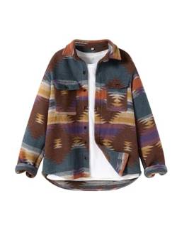 FindThy Herren Gebürstete Flanellhemden Ethnische Azteken-Druck Knopfleiste Revers Tribal Hemd Jacke Shacket, 01 Coffee Purple, L von FindThy