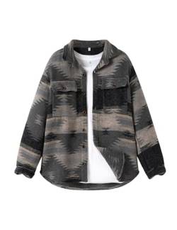 FindThy Herren Gebürstete Flanellhemden Ethnische Azteken-Druck Knopfleiste Revers Tribal Hemd Jacke Shacket, 01 Schwarz Grau, L von FindThy