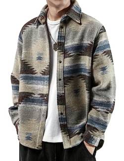 FindThy Herren Gebürstete Flanellhemden Ethnische Azteken-Druck Knopfleiste Revers Tribal Hemd Jacke Shacket, GRAU, Mittel von FindThy