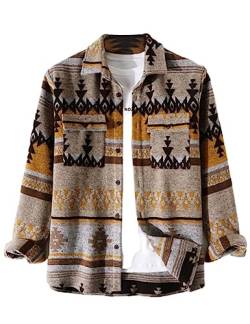 FindThy Herren Gebürstete Flanellhemden Ethno Azteken Print Button Up Revers Tribal Shirt Jacke, 01 Khaki, X-Groß von FindThy