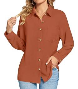 Findsweet Damen Button Down Shirts Langarm Büro T-Shirts Oversize Arbeit Bluse Drop Schulter Tops mit Tasche 2XL,Ziegelrot von Findsweet