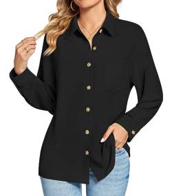 Findsweet Damen Button Down Shirts Langarm Büro T-Shirts Oversize Arbeit Bluse Drop Schulter Tops mit Tasche L,Schwarz von Findsweet