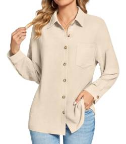 Findsweet Damen Button Down Shirts Langarm Büro T-Shirts Oversize Arbeit Bluse Drop Schulter Tops mit Tasche M,Aprikose von Findsweet