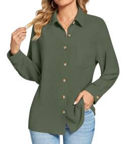 Findsweet Damen Button Down Shirts Langarm Büro T-Shirts Oversize Arbeit Bluse Drop Schulter Tops mit Tasche M,Army grün von Findsweet
