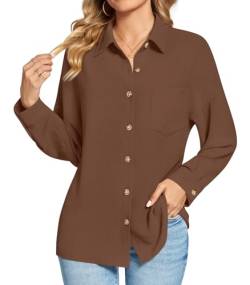 Findsweet Damen Button Down Shirts Langarm Büro T-Shirts Oversize Arbeit Bluse Drop Schulter Tops mit Tasche M,Braun von Findsweet