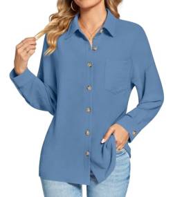 Findsweet Damen Button Down Shirts Langarm Büro T-Shirts Oversize Arbeit Bluse Drop Schulter Tops mit Tasche M,Denim blau von Findsweet