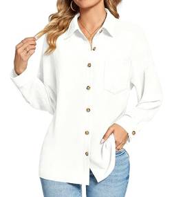 Findsweet Damen Button Down Shirts Langarm Büro T-Shirts Oversize Arbeit Bluse Drop Schulter Tops mit Tasche M,Weiß von Findsweet