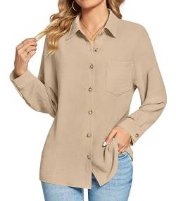 Findsweet Damen Button Down Shirts Langarm Büro T-Shirts Oversize Arbeit Bluse Drop Schulter Tops mit Tasche XL,Kamel von Findsweet