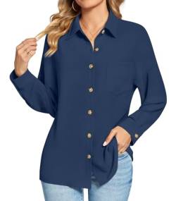 Findsweet Damen Button Down Shirts Langarm Büro T-Shirts Oversize Arbeit Bluse Drop Schulter Tops mit Tasche XL,Marine von Findsweet