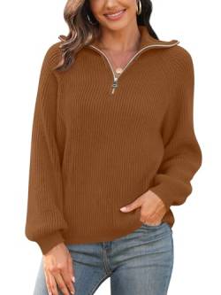 Findsweet Damen Casual Quarter Zip Pullover V-Ausschnitt Kragen gerippte Strickpullover Lose Bequeme Pullover Tops 2XL, Karamell von Findsweet