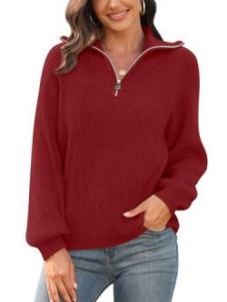 Findsweet Damen Casual Quarter Zip Pullover V-Ausschnitt Kragen gerippte Strickpullover Lose Bequeme Pullover Tops L, Rot von Findsweet