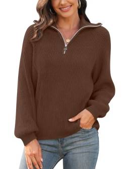 Findsweet Damen Casual Quarter Zip Pullover V-Ausschnitt Kragen gerippte Strickpullover Lose Bequeme Pullover Tops XL, Braun von Findsweet