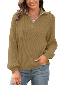 Findsweet Damen Casual Quarter Zip Pullover V-Ausschnitt Kragen gerippte Strickpullover Lose Bequeme Pullover Tops XL, Khaki von Findsweet