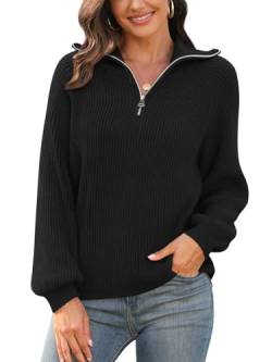 Findsweet Damen Casual Quarter Zip Pullover V-Ausschnitt Kragen gerippte Strickpullover Lose Bequeme Pullover Tops XL, Schwarz von Findsweet