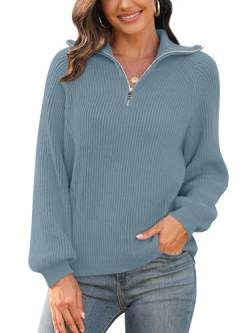 Findsweet Damen Casual Quarter Zip Pullover V-Ausschnitt Kragen gerippte Strickpullover Lose Bequeme Pullover Tops XL, Sternenhimmel blau von Findsweet