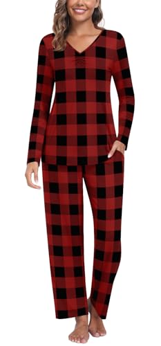 Findsweet Damen Herbst Pyjama Sets 2-teilige Lounge Nachtwäsche Langarm Weiche Pjs Top Bequeme Pjs Hose mit Taschen 2XL, Rot kariert von Findsweet