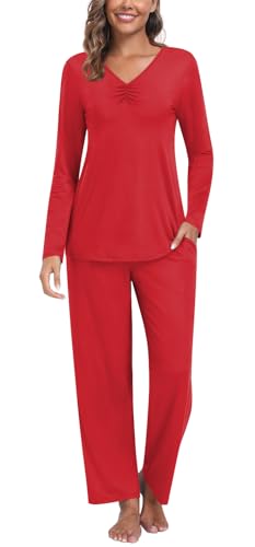 Findsweet Damen Herbst Pyjama Sets 2-teilige Lounge Nachtwäsche Langarm Weiche Pjs Top Bequeme Pjs Hose mit Taschen 2XL, Rot von Findsweet