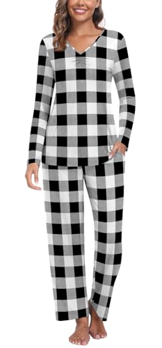 Findsweet Damen Herbst Pyjama Sets 2-teilige Lounge Nachtwäsche Langarm Weiche Pjs Top Bequeme Pjs Hose mit Taschen 3XL, Schwarz und Weiß kariert von Findsweet
