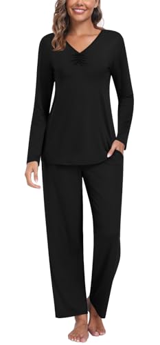 Findsweet Damen Herbst Pyjama Sets 2-teilige Lounge Nachtwäsche Langarm Weiche Pjs Top Bequeme Pjs Hose mit Taschen XL, Schwarz von Findsweet