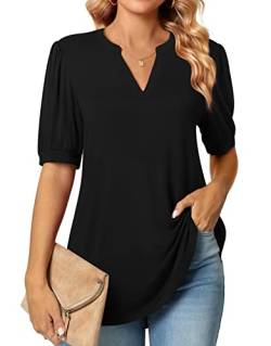 Findsweet Damen Puff Kurzarm Tops Dressy Casual V-Ausschnitt T-Shirts Business Nette Arbeit Bluse XL, Schwarz von Findsweet