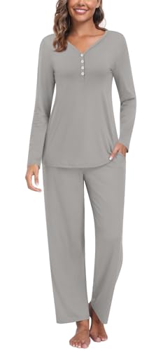 Findsweet Damen Pyjama Sets 2-teilige Lounge Nachtwäsche Langarm Button-Down Pjs Top Bequeme Pjs Hose mit Taschen 2XL, Grau von Findsweet